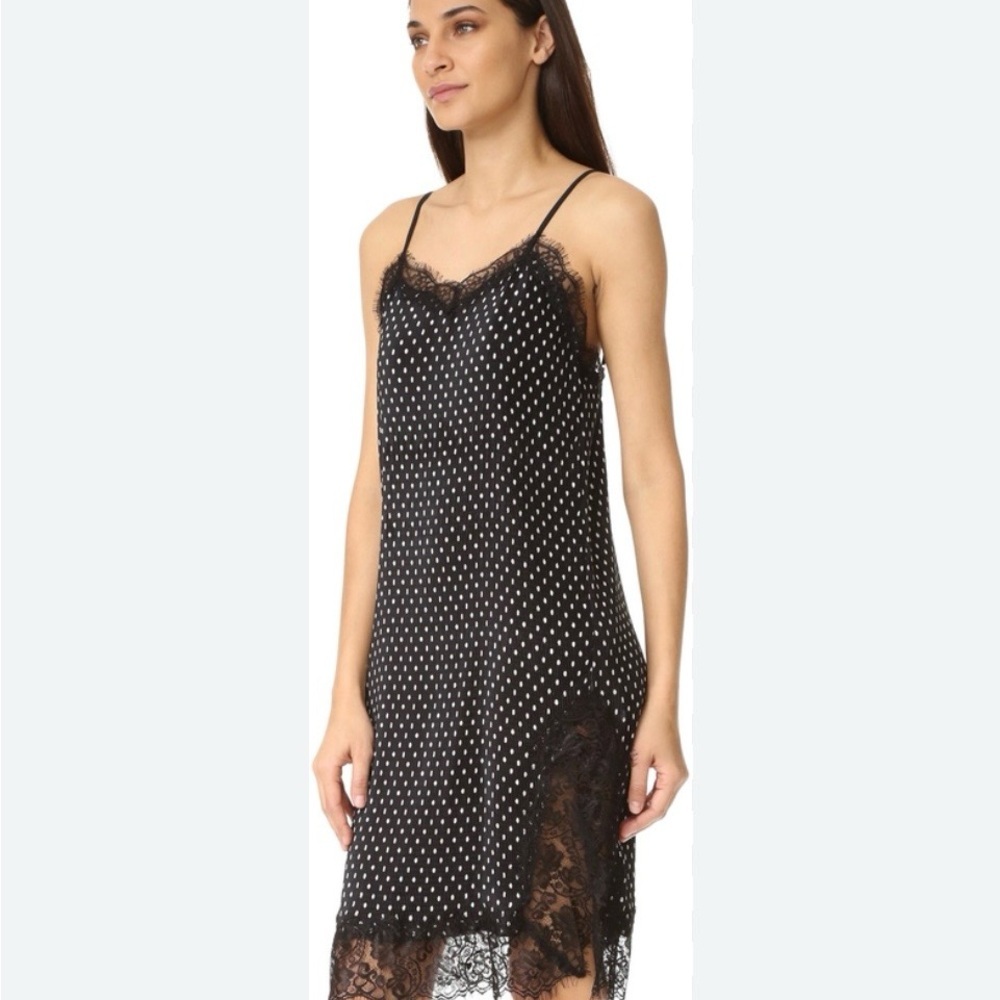 Free People Margot Accordion Pleat Polka Dot Midi Slip Dress Lace Slit Size Zero